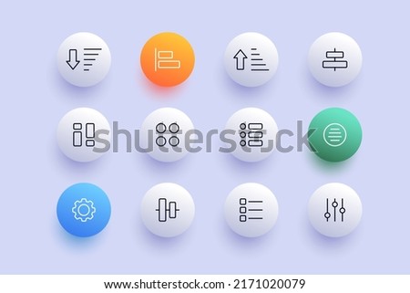 Button menu line icon. Circles, Tiles, triage, apps, assortment, list, sorting, charts, circles, sliders, checkmark, cross. Applications concept. Neomorphism style. Vector line icon for Business