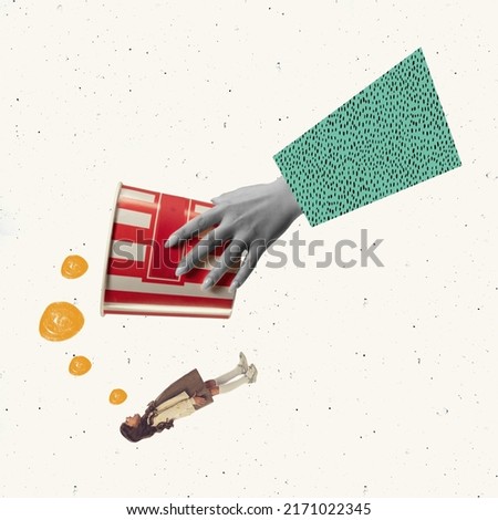 Contemporary art collage. Conceptual image. Female hand holding popcorn basket and little girl, child eating. Cheerful time with parents. Concept of childhood, help, education, retro artwork style