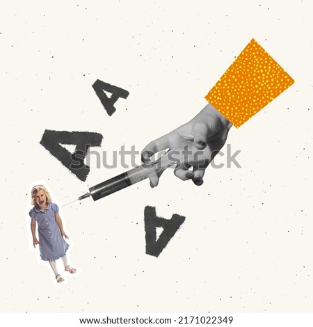 Contemporary art collage. Conceptual image. Giant female hand holding syringe, little girl, kid shouting. Making vaccination, children healthcare. Concept of childhood, help, education, retro style