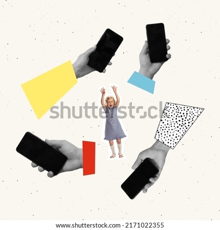 Contemporary art collage. Conceptual image with little shouting girl, child surrounded by many mobile phones. No social media for children. Concept of childhood, help, education, retro artwork style Royalty-Free Stock Photo #2171022355