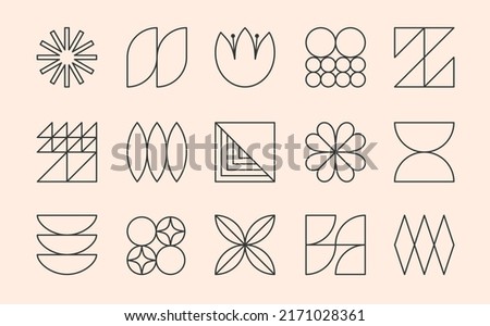 Vector set of bauhaus linear emblems or symbols.Modern brutalist objects and elements in trendy swiss aesthetic style.Abstract bold geometric forms for branding design,badges,stickers,logo templates. Royalty-Free Stock Photo #2171028361