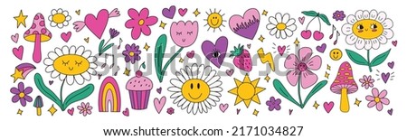 Big set of various different cute kawaii y2k doodle elements - daisy chamomile flowers, smile face, psychedelic trippy groovy mushrooms, hearts, stars, sun, cherry, strawberry. Clip art collection.