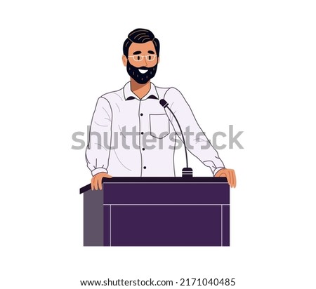 Young businessman or politician man speaks into microphone standing behind podium. Confident smiling speaker character giving a speech. Flat vector illustration isolated on white background