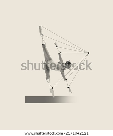 Contemporary art collage with tender young woman, ballerina dancing isolated over grey background. Line art design. Concept of classic dance style, art, show, beauty, inspiration