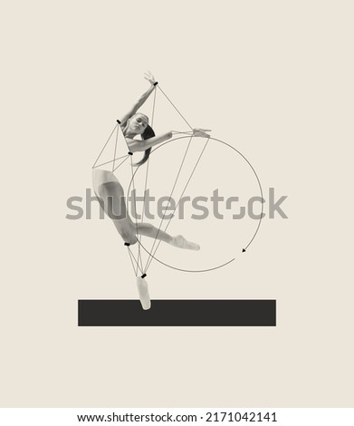 Contemporary art collage with young ballerina dancing, performing isolated over grey background. Circle, geometric figures drawings. Concept of classic dance style, art, show, beauty, inspiration