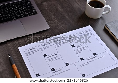 There is dummy documents that created for the photo shoot on the desk about Business Model Canvas. Royalty-Free Stock Photo #2171045925