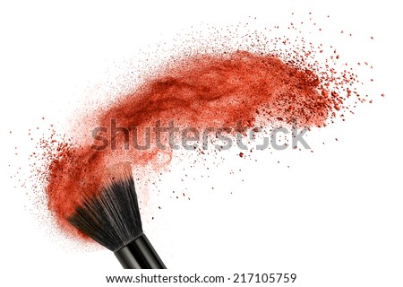 makeup brush with red powder isolated on white