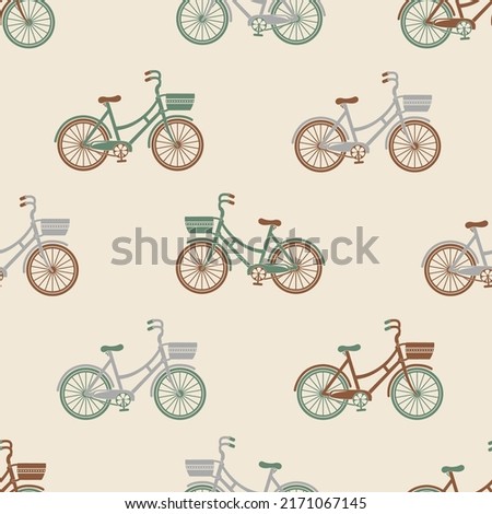 Seamless pattern with cartoon bicycle on a pastel background. Childish vector illustration. Bicycle wallpaper. Cute design for fabric, paper, cover, interior decor and other users. 
