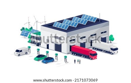 Company electric cars fleet charging on charger station at logistic hall centre. Transport delivery semi truck unloading.  Renewable solar wind electricity energy factory. Retail shipping distribution Royalty-Free Stock Photo #2171073069