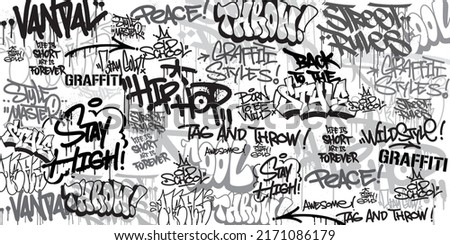 Vector illustration of graffiti background. Graffiti Art textures in a hand-drawn style. Old school and urban street art theme. Element for t-shirt design, textile, background, wallpaper, and prints Royalty-Free Stock Photo #2171086179