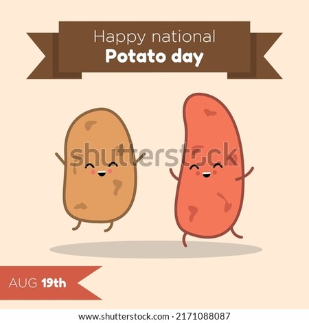 Happy national potato day social media post, banner, happy kawaii baked potatoes celebration advertisement concept, little tuber food ingredient marketing square ad, August 19th holiday abstract print Royalty-Free Stock Photo #2171088087