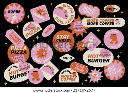Vector set of retro fast food stickers. Colorful patch badges for junk food cafe Royalty-Free Stock Photo #2171092677