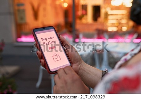 BNPL Buy now pay later online shopping service on smartphone. Online shopping. Paying after delivery. Complete the payment after purchase at no added cost. Payment after credit check. Afterpay service Royalty-Free Stock Photo #2171098329