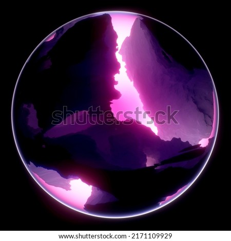 3d render of abstract art 3d glass ball or sphere planet with rough rock surface inside with big crack in the middle with glowing neon purple and hot pink light inside on isolated black background 