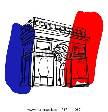 Triumphal Arch vector illustration. Black arch on blue, red, white France flag. Paris post card.  Royalty-Free Stock Photo #2171111087