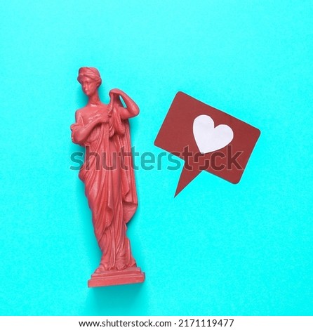 Pink antique statue of venus with like notification icon on turquoise background. Social media. Rating, followers feedback. Top view