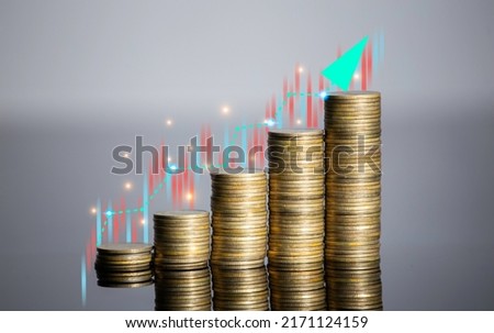 Coins are laid out in graph.Business success concept wealth stock investment.Business in the digital age.Digital transformation for next generation technology.Technology is growing by leaps and bounds Royalty-Free Stock Photo #2171124159