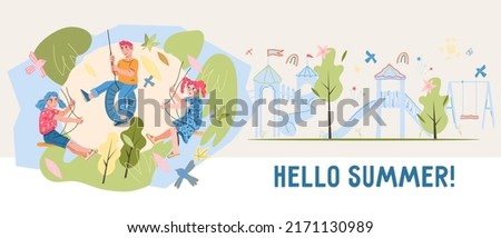 Hello summer banner or flyer design with happy children on swing, flat cartoon vector illustration. Kids camp and summer entertainments promo banner layout.
