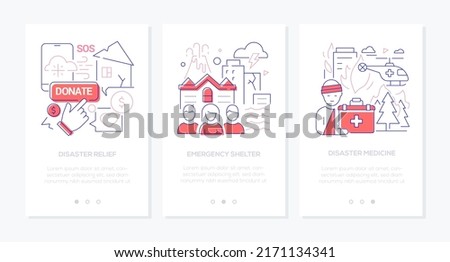 Disaster and emergency - line design style banners set with place for text. Donation and support in difficult situation, shelter, volcanic eruption, earthquake, forest fire, medical service, medicine