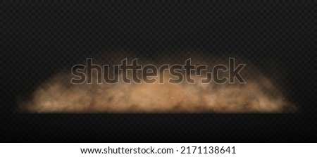 Dust sand cloud with stones and flying dusty particles isolated on transparent background. Brown dusty cloud or dry sand flying. Realistic vector illustration. Royalty-Free Stock Photo #2171138641