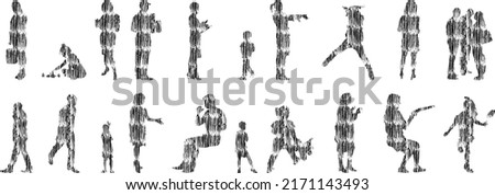 Vector silhouettes, Outline silhouettes of people, Contour drawing, people silhouette, Icon Set Isolated, Silhouette of sitting people, Architectural set	
