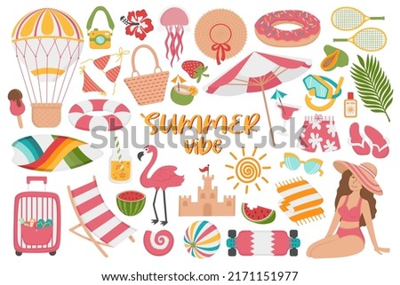 Set of summer holidays on the beach. Doodle flat clipart. All objects are repainted.