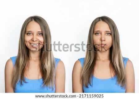 Two portraits of a young caucasian tanned attractive blonde woman: cheerful and sad isolated on a white background. Before and after. A smile affects appearance. Negative and positive emotions Royalty-Free Stock Photo #2171159025