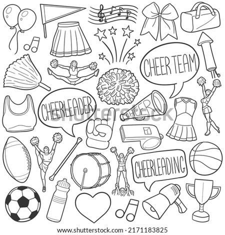 Cheerleader Doodle Icons. Hand Made Line Art. Cheers Clipart Logotype Symbol Design.