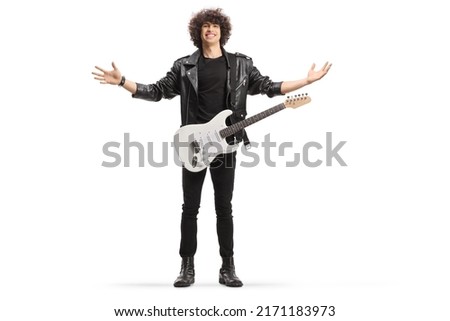 Cheerful man in a leather jacket with an electric guitar isolated on white background Royalty-Free Stock Photo #2171183973