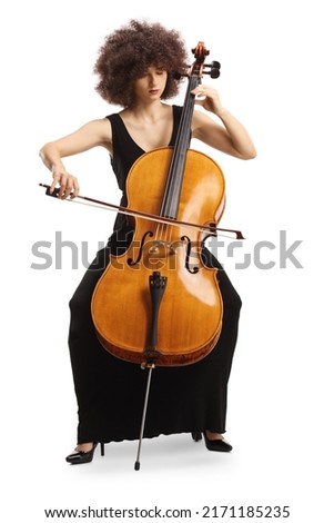 Elegant young woman in a black dress playing a contrabass isolated on white background Royalty-Free Stock Photo #2171185235