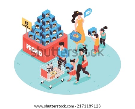 Isometric supermarket composition with view of self service store section with goods and people vector illustration