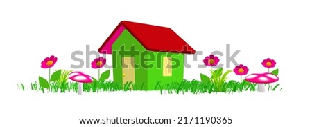 Green fairy cottage with large pink flowers and mushrooms in green grass lawn. 3d illustration