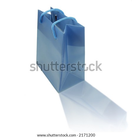 blue bag for christmas presents on white background whit reflection