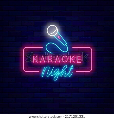 Karaoke night neon signboard. Microphone in frame. Talent show. Celebration idea. Song singer. Light sign. Label for show. Outer glowing effect. Editable stroke. Vector stock illustration