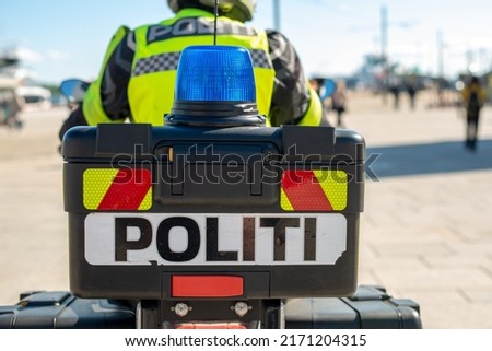 Norwegian police. Reflective politi sign on the motorcycle. Royalty-Free Stock Photo #2171204315