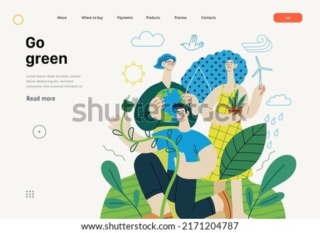 Ecology - Go green -Modern flat vector concept illustration of ecology metaphor, People surrounded by natural ecological and Renewable energy symbols. Creative landing web page template Royalty-Free Stock Photo #2171204787