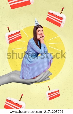 Photo artwork minimal collage of funny lady sitting black white visual effect arm palm celebrating birthday isolated yellow background