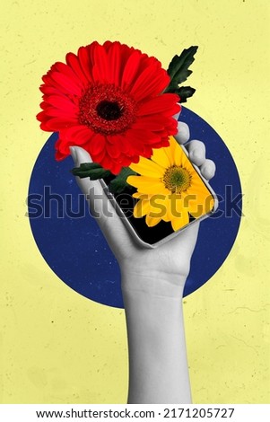 Creative abstract template graphics image of palm arm holding phone growing flowers isolated yellow drawing background
