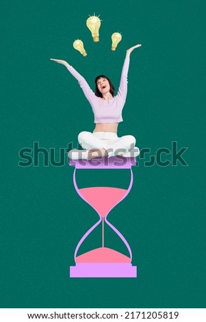 Vertical composite collage picture of positive person sit big sand clock inspire isolated on drawing background