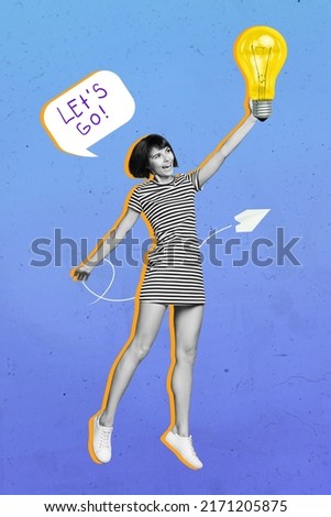 Artwork collage poster of positive lady hold lamp bulb intelligent knowledge speak follow her isolated blue color background Royalty-Free Stock Photo #2171205875