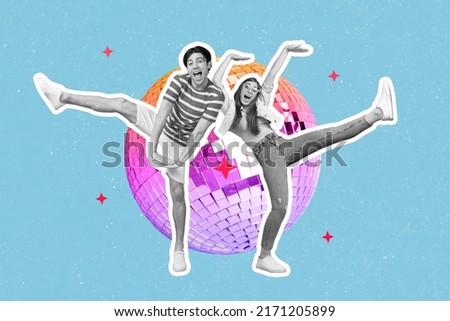 Creative poster collage of active lady guy dance energetic party isolated blue color glitter disco ball background Royalty-Free Stock Photo #2171205899