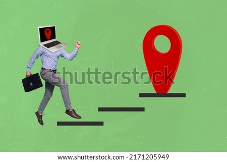 Creative 3d photo artwork graphics collage of man laptop instead of head running cartography arrow isolated green color background