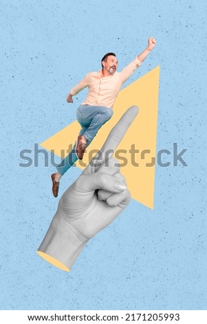 Vertical creative collage portrait of huge arm finger indicate way up flying man isolated on drawing background