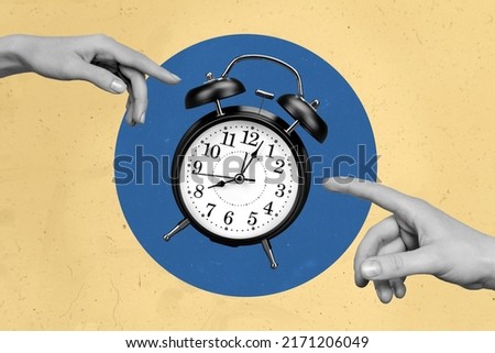 Photo cartoon comics sketch picture of arm palm classic vintage clock isolated blue beige painted background Royalty-Free Stock Photo #2171206049