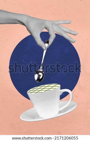 Exclusive minimal magazine sketch collage of arm palm mixing coffee cup isolated drawing blue pink background Royalty-Free Stock Photo #2171206055
