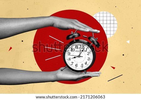 Composite collage picture of hands black white colors hold demonstrate vintage classic clock isolated on creative background Royalty-Free Stock Photo #2171206063