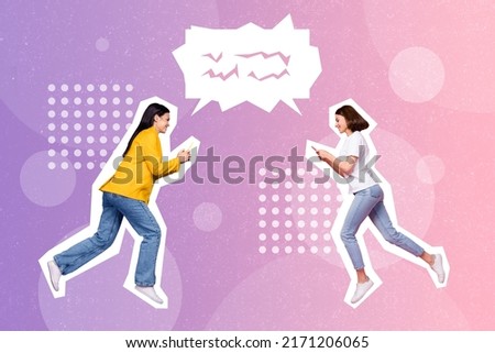 Collage drawing picture of two people running hold use telephone chatting send message isolated on painted background