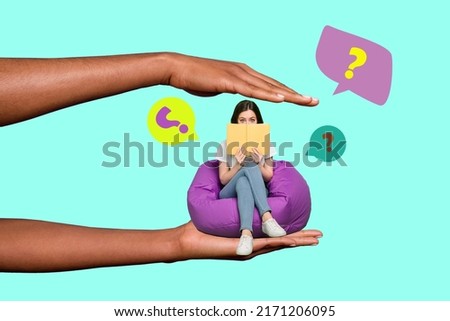 Creative collage illustration of huge hands hold studying person sit bean bag read book questioned