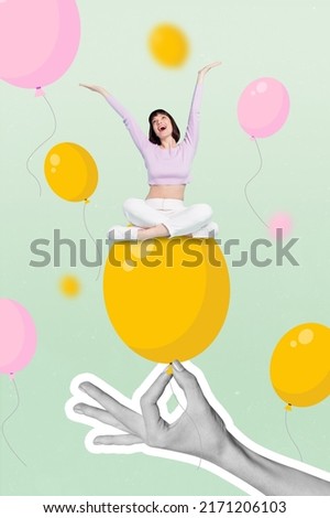 Photo cartoon comics sketch collage of funny funky girl sitting huge air ball holding big arm isolated colorful background