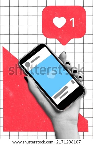 Creative 3d photo artwork graphics collage of arm palm holding social network phone isolated colorful background